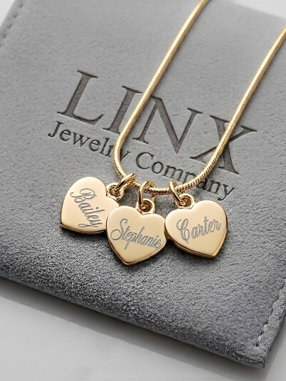 20in Yellow Gold Snake Chain Necklace With Personalized Name Heart Charms